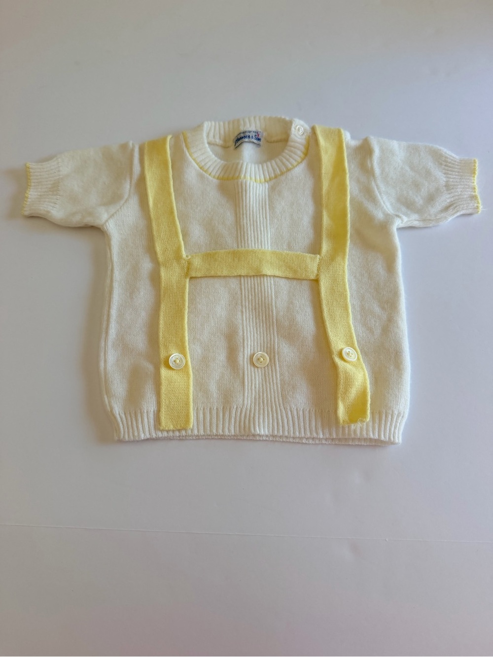 Vintage J.L. Brandeis & Sons Baby Knit Sweater Cream Yellow Suspender Detail Mad
